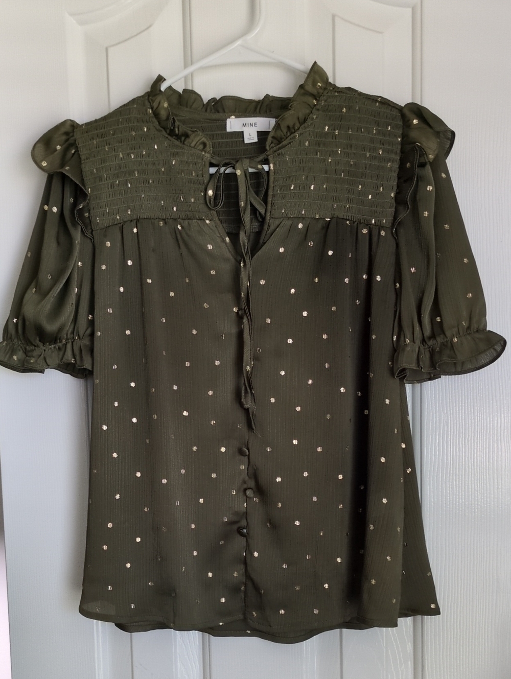 MINE Olive Metallic Dot Smocked Tie-Front Blouse